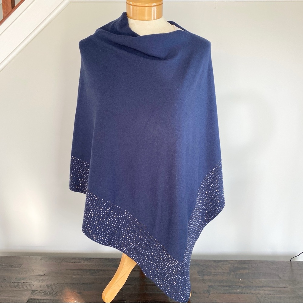La Fiorentina Blue Lightweight Knitted Poncho with Embellished Border One Size